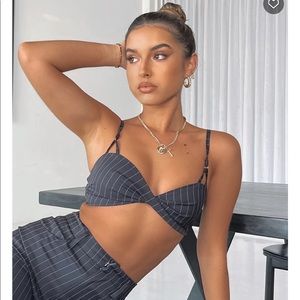 White Fox Boutique Everybody Talks Crop in Navy Pinstripe